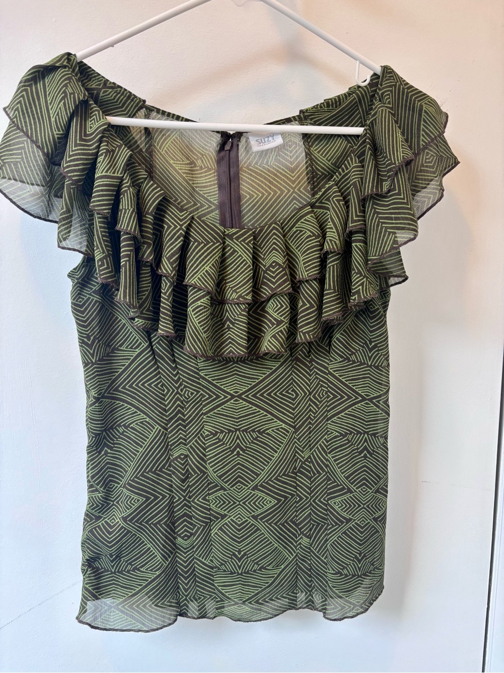 Vintage Suzy Shier Green Ruffle Geometric Top 90s Y2K vibes